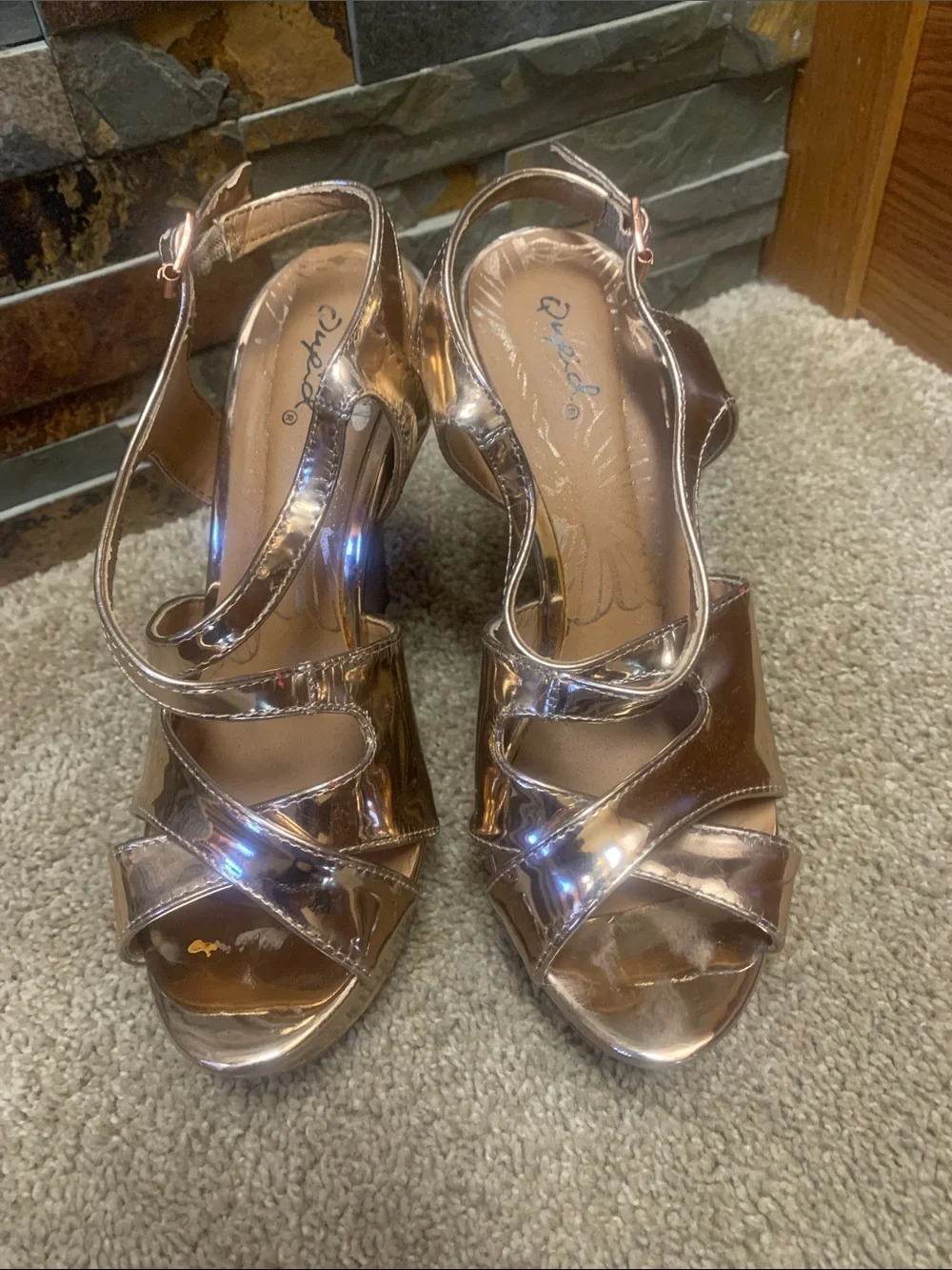 Qupid 7/7.5 high heel Metallic Rose Gold High Heel Platform Sandals - homecoming